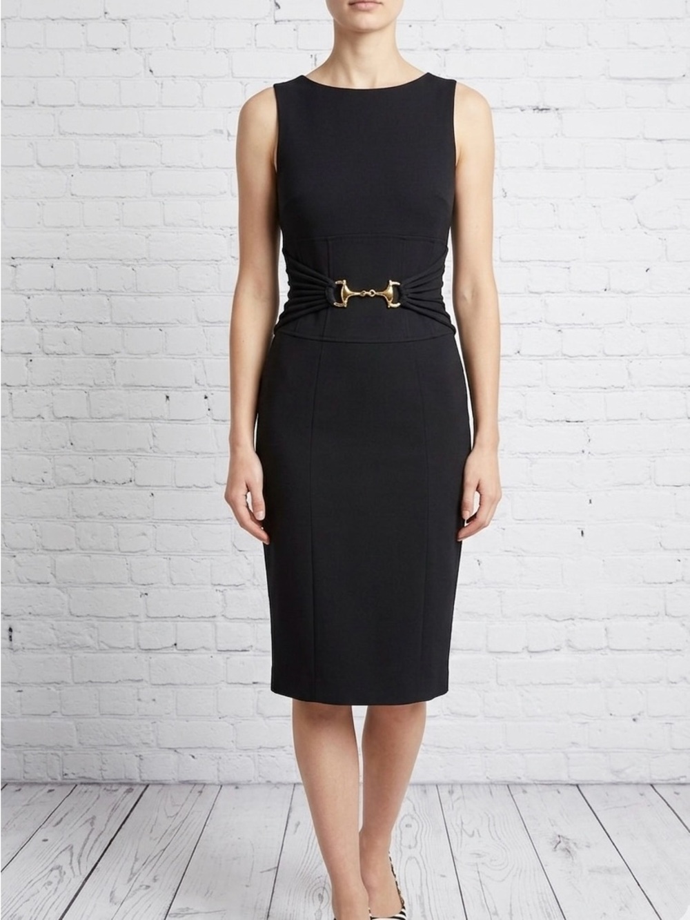 Cache Black Midi Sheath Dress with Gold Buckle Detail